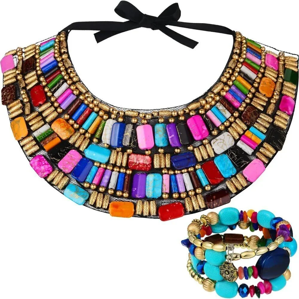 African Jewelry Set Women Beaded Necklace Boho Rainbow Beads Bracelet Gift